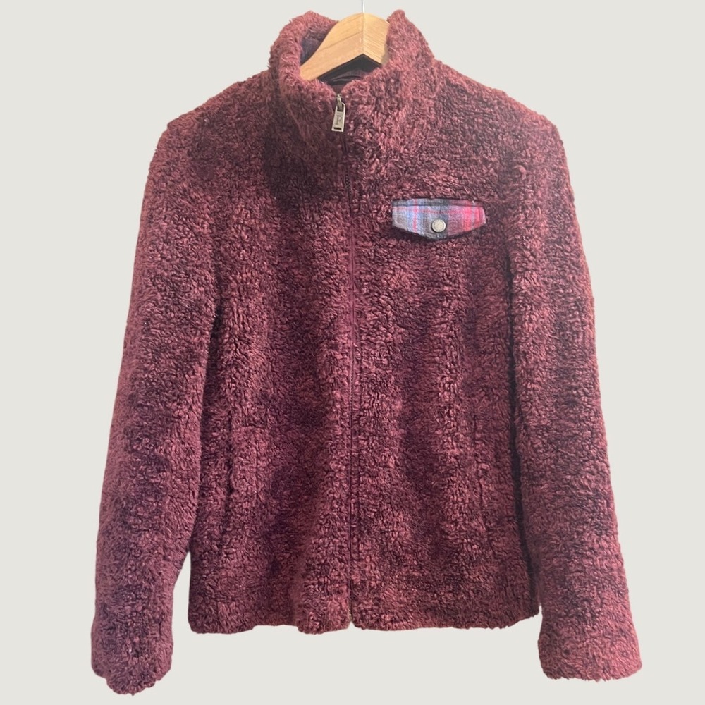 Pendleton Fleece Jacket Women's Small Burgundy Full Zip Plaid Pocket Sherpa Cozy